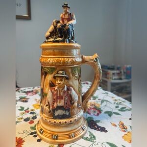 Deer Hunter "Tom" Lidded Beer Stein Vintage Large 13" 1970 Hand Painted Hunting